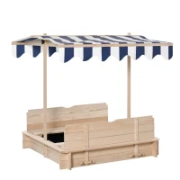 Outsunny Sabbiera per Bambini in Legno con Tettuccio Parasole, Panca e Coperchio, 106x106x115 cm Bianco e Blu(m-12)