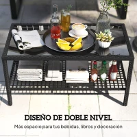 Outsunny Mesa de Jardín de Ratán Mesita Auxiliar con Estante Tablero de Vidrio Templado Estructura de Acero 92x50x45 cm Negro(m-4)