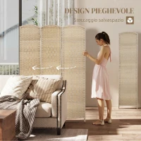 HOMCOM Paravento da Interno a 3 Pannelli Pieghevole, 135x180 cm, Separé Intrecciato in PP e Legno di Pino, Rovere(m-4)