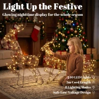 Outsunny 3-Piece Lighted Reindeer and Sleigh Set, PP Rattan Outdoor Christmas Decoration with LEDs, 8 Modes, Daily Timer(m-5)