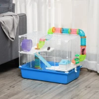 PawHut Hamster Cage, Gerbil Cage 3 Tier for Dwarf Hamster with Tube, Exercise Wheel, Water Bottle, Food Dish 59 x 36 x 47 cm- Blue(m-2)