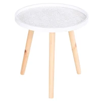 HOMCOM Coffee Table, Carved Floral Round Table with Tray-style Top and Wood Legs, Modern Side Table for Living Room, White(m-1)
