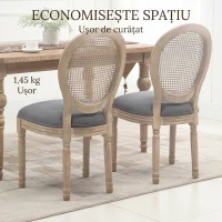 HOMCOM Set 2 Scaune de Dining Vintage, Material cu Efect de In, Spătar din Ratan Perforat, Picioare din Lemn, Gri(m-7)