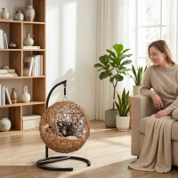 PawHut Rattan kattenmand met wasbaar kussen en speelbal, voor katten tot 10 kg, 45 x 41 x 75 cm, lichtbruin(m-2)