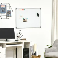 HOMCOM Tableau blanc aimante magnetique panneau blanc polyvalent avec 4 feutres 1 brosse tableau et 10 aimants cadre en aluminium solide 90 x 60 cm(m-10)