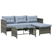 Outsunny Salotto da Giardino con Divanetto, Chaise Longue e Tavolino in Rattan PE con Cuscini, Grigio(m-1)