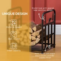 Outsunny Metal Firewood Log Holder Indoor Outdoor Firewood Rack Inner Arced Fireplace Wood Storage Shelf w/ Bear Shape Design, Rust-Resistant, Black, 42W x 33.5D x 43H cm(m-4)