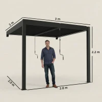 Outsunny 3 x 3 m Louvered Pergola with LED Lights, Metal Louvres, Wall Mounted Aluminium Patio Gazebo Pergola, Dark Grey(m-3)