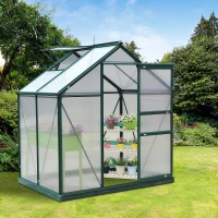 Outsunny 6 x 4ft Polycarbonate Greenhouse, Large Walk in Green House with Slide Door and Window, Garden Plants Grow House with Aluminium Frame and Foundation, Dark Green(m-2)