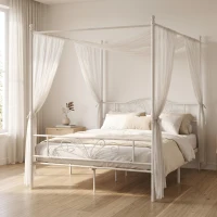 HOMCOM Canopy Bed Frame King Size, Metal Platform Bed Frame with Headboard and Footboard, Underbed Storage, White(m-8)