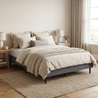 HOMCOM Somier tapițat 140x190 cm, cadru de pat cu husă, 10 lamele lemn, 9 picioare stabile, gri(m-4)