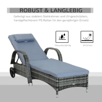 Outsunny Gartenliege mit Auflage, verstellbare Rückenlehne, Metallgestell, Polyrattan, grau, 200 x 73 x 103 cm(m-4)