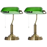 HOMCOM Banker's Table Lamps Set of 2, Desk Lamps with Antique Bronze Tone Base, Green Glass Shade and Pull Rope Switch for Home Office, Living Room, Bedroom, Dining Room, Green(m-1)