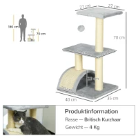 PawHut Krabpaal 72 cm Kattentoren met Pluche Ballen, Sisalpalen, Platform, Klimmat Lichtgrijs(m-3)