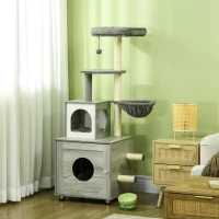 PawHut Enclosed Cat Litter Box with Cat House, Cat Bed, Scratching Posts, Platforms, for Indoor Cats - Grey(m-10)