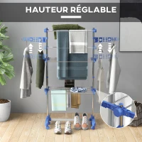 HOMCOM Séchoir à linge étendoir pliable ailes latérales utilisation intérieure et extérieure 3 niveaux 142 x 55 x 152 cm bleu(m-4)