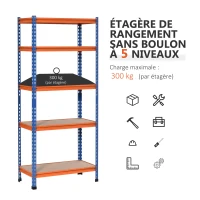 HOMCOM Étagère en métal de garage 5 niveaux capacité 1500 kg 80 x 40 x 182 cm bleu orange(m-6)