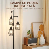 HOMCOM Lampadar Industrial cu 3 Abajururi și Intensitate Reglabilă, din Oțel, 30x30x170,5 cm, Negru(m-5)