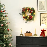 HOMCOM Ghirlandă de Crăciun de 60 cm cu lumini LED albe, timer, conuri, boabe și frunze de ilex, verde(m-8)