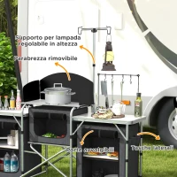 Outsunny Cucina da Campeggio Pieghevole a 3 Piani con 5 Ripiani Interni e 4 Ganci, 172x48x130 cm, Nero(m-5)