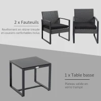 Outsunny Salon de jardin 2 places 3 pièces 2 chaises avec coussins + table basse plateau verre trempé résine tressée 4 fils imitation rotin gris(m-5)