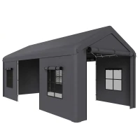 Outsunny 3 x 6 m Heavy Duty Carport, Portable Garage Car Canopy Tent with Galvanised Frame, Doors, Windows, Dark Grey(m-1)