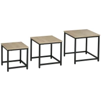 HOMCOM Set van 3 bijzettafels, industrieel ontwerp, zwart stalen frame, tafelblad met houteffect(m-10)
