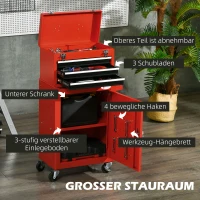 DURHAND 2-in-1 Gereedschapswagen, mobiel, 3 laden, gereedschapsbord, stalen behuizing, 46L x 28B x 94H cm, Rood(m-5)