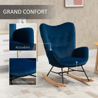 HOMCOM Fauteuil à Bascule, Rocking Chair, fauteuil allaitement confortable avec Structure en bois massif et métal pour Salon, Chambre, Balcon, Velours Bleu(m-6)