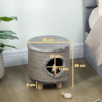 PawHut Casa para Gatos 3 en 1 Taburete Reposapiés Cama para Gatos con Rascador Patas de Madera Pluma 36x36x38 cm Gris(m-3)