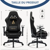 Chaise gaming avec repose-pieds, en similicuir suédé respirant, réglable en hauteur avec vérin à gaz, pivotante, 70x70x135 cm, Noir(m-3)