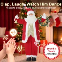 HOMCOM 5ft Life Size Singing Santa Claus, Standing Christmas Animated Santa Figure with Bell and Wreath, Sound/Touch Activated(m-5)