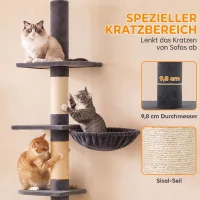 PawHut Plafondhoge krabpaal 225-255 cm, verstelbare kattenboom met 5 niveaus, 3 sisal krabpalen, hangmat en platformen(m-6)