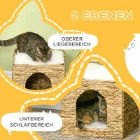 PawHut kattengrot met waterhyacintgras, 2 slaapruimtes, 2 wasbare kussens, naturel + wit(m-5)