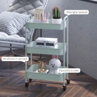 HOMCOM Carrello da Cucina a 3 Livelli con Maniglie e 4 Rotelle, in Acciaio, 45x30.6x79 cm, Azzurro(m-6)