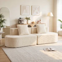 HOMCOM Sofá 3 Plazas Curvado de Terciopelo Acanalado 245 cm con Asiento Profundo y 2 Cojines Crema(m-4)