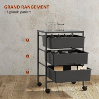 HOMCOM Desserte à roulettes, chariot de rangement à roulettes en acier chariot de service à 3 niveaux, plateau et 3 panier(m-4)