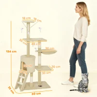 PawHut krabpaal kattenboom met hol, 4 speeltjes, sisalstammen, groot platform, trap, voor katten onder 5 kg, Beige(m-3)