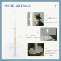PawHut Plafondhoge krabpaal, variabele hoogte 2,25-2,55 m, zitplatforms, kantelbeveiliging, speelballen, wit(m-6)
