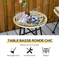Outsunny Ensemble bistro de jardin 3 pièces 2 chaises + table basse ronde verre trempé 2 coussins crème(m-4)