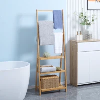 kleankin Suport pentru prosoape de baie multifuncțional pliabil cu 3 bare și 3 rafturi, 53x30.5x152 cm, lemn natural(m-10)