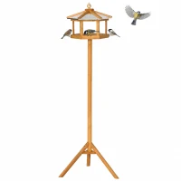 PawHut Houten vogelvoederhuis op standaard met platform en schuin metalen dak, Ø57,7 x 153 cm, naturel(m-10)