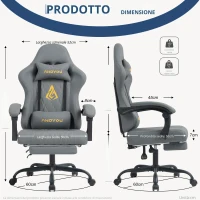 Sedia gaming con poggiapiedi, morbido cuscino per collo e lombare, cuscini di supporto rimovibili, 60x60x122 cm, Grigio(m-3)