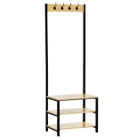HOMCOM Perchero Metálico Zapatero con 3 Estantes y 4 Ganchos para Colgar Ropas para Pasillo Entrada 60x40x175cm Negro y Natural(m-1)