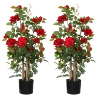 HOMCOM 90cm Artificial Rose Tree Set of 2, Decorative Fake Plant with 344 Silk Leaves 17 Flowers for Outdoor Indoor Decor, Red(m-1)