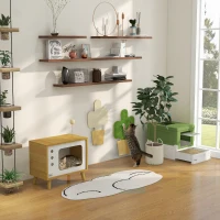 PawHut kattengrot, kattenhut met speelgoedbal, kattenhuis met kussen, eiken(m-8)