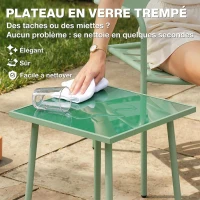 Outsunny Ensemble bistrot de jardin 3 pièces - table basse en verre trempé et 2 chaises à lattes, cadre en acier galvanisé, vert(m-7)