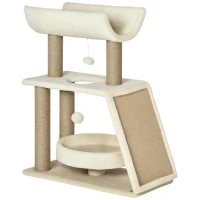 PawHut Krabpaal Kattenboom, inclusief speelgoed en kattenbed, 60 cm x 30 cm x 76 cm, Crème + Natuur(m-10)