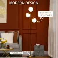 HOMCOM 3-Light Tree Floor Lamps for Living Room, Modern Standing Lamp for Bedroom with Globe Lampshade, 3000K/4000K/6000K Colour Temperatures, Steel Base, Gold Tone(m-6)