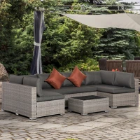 Outsunny Conjunto de Muebles de Jardín de Ratán 4 Piezas Mesa de Centro de Vidrio Sofá Doble y 2 Sofás Esquineros con Cojines Desenfundables para Terraza Exterior Gris(m-10)